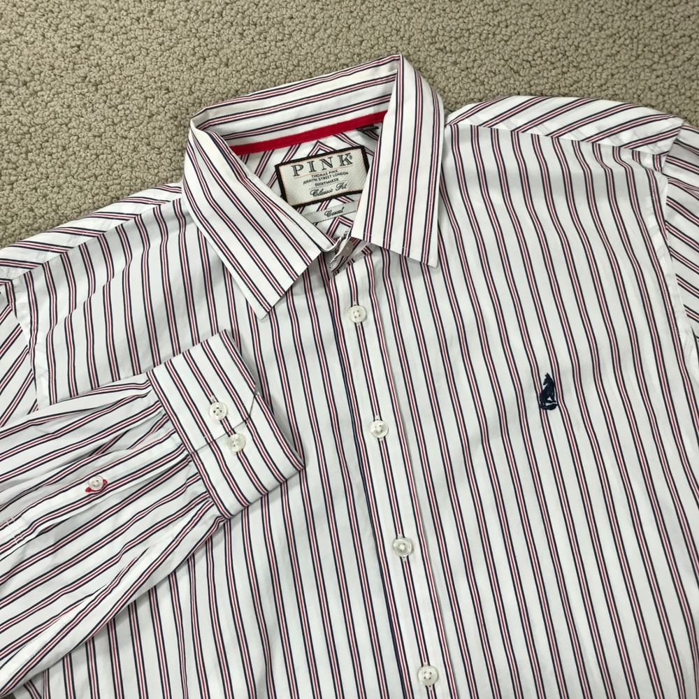 Thomas Pink Mens Classic Fit Striped Button Down Shirt Red Blue White Cotton XL